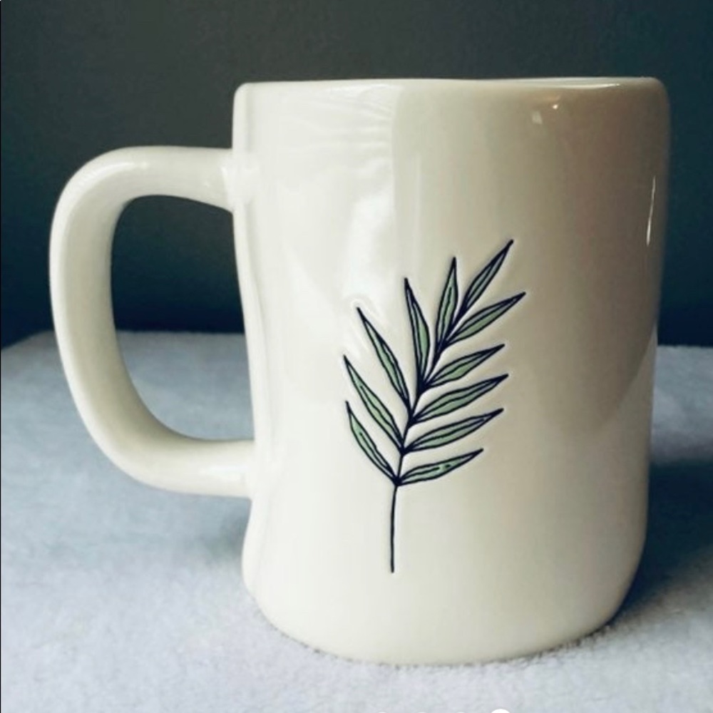 Rae Dunn Magenta Artisan Collection Ceramic White Coffee Mug GOOD VIBES w/Leaf!